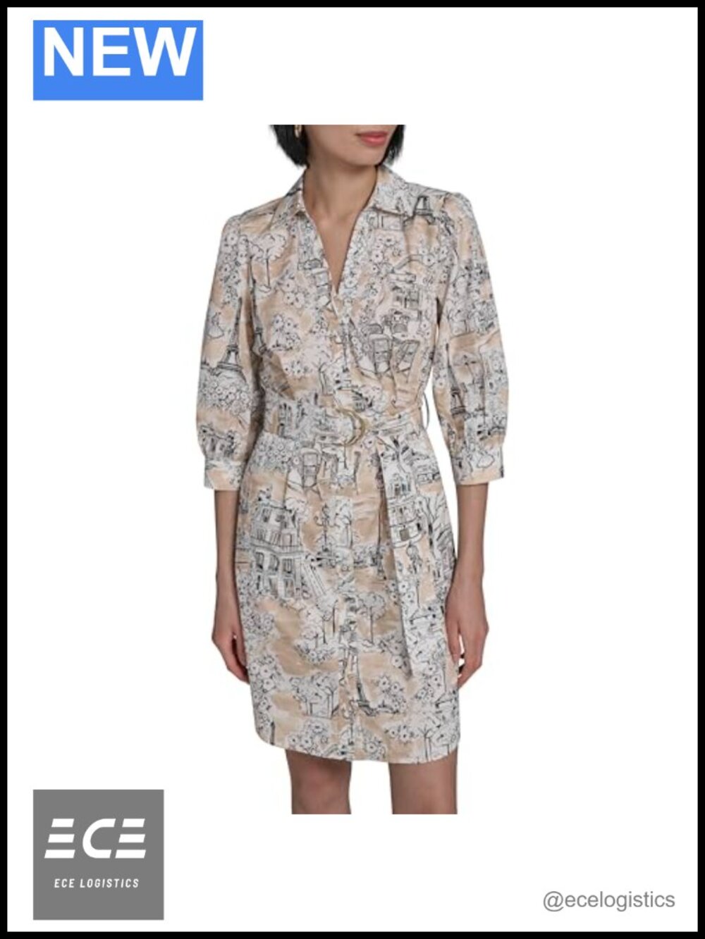 3/4 Sleeve Collared Belted Cotton Mini Shirtdress Work Casual